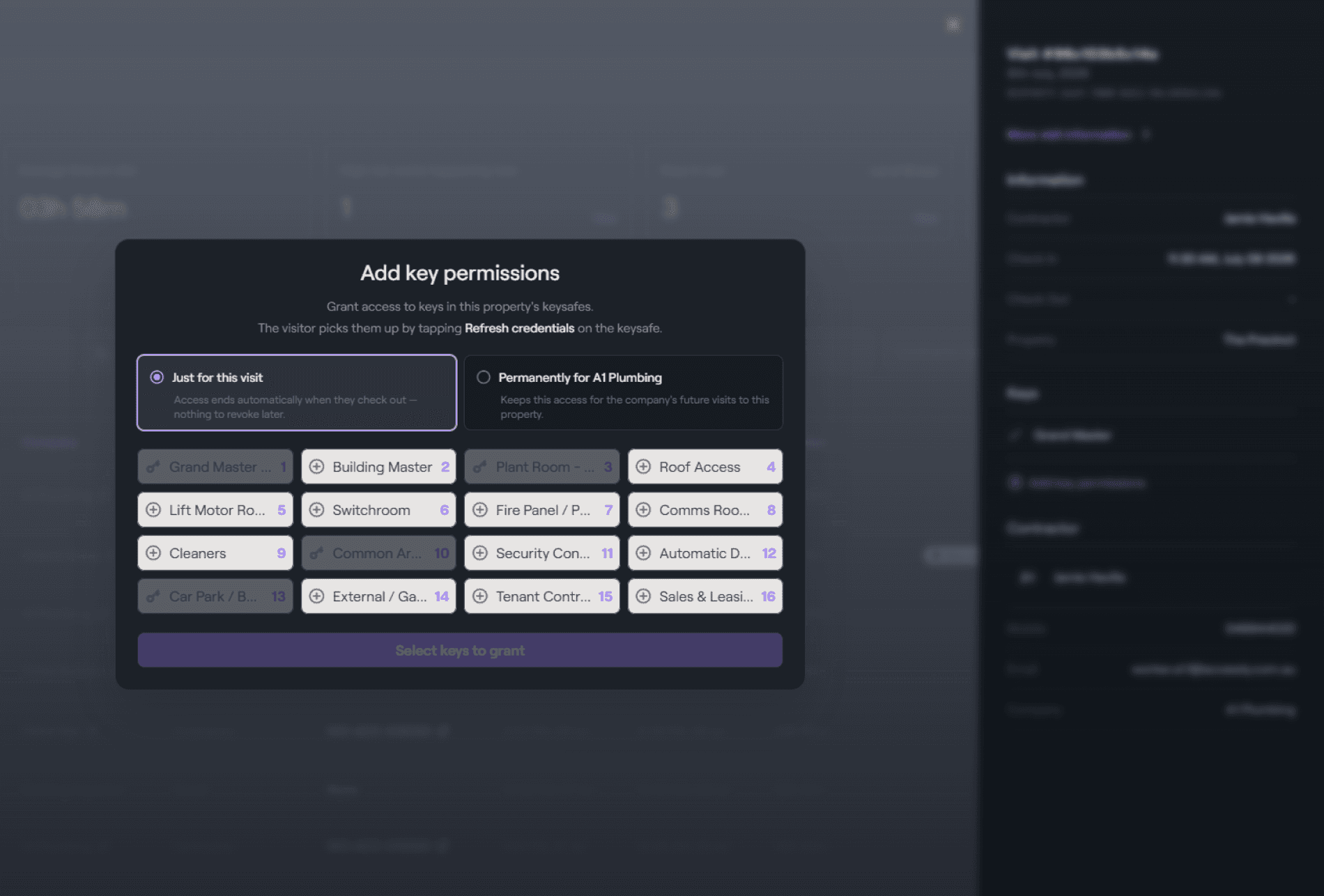 Add key permissions — grant keys just for this visit or permanently for the company